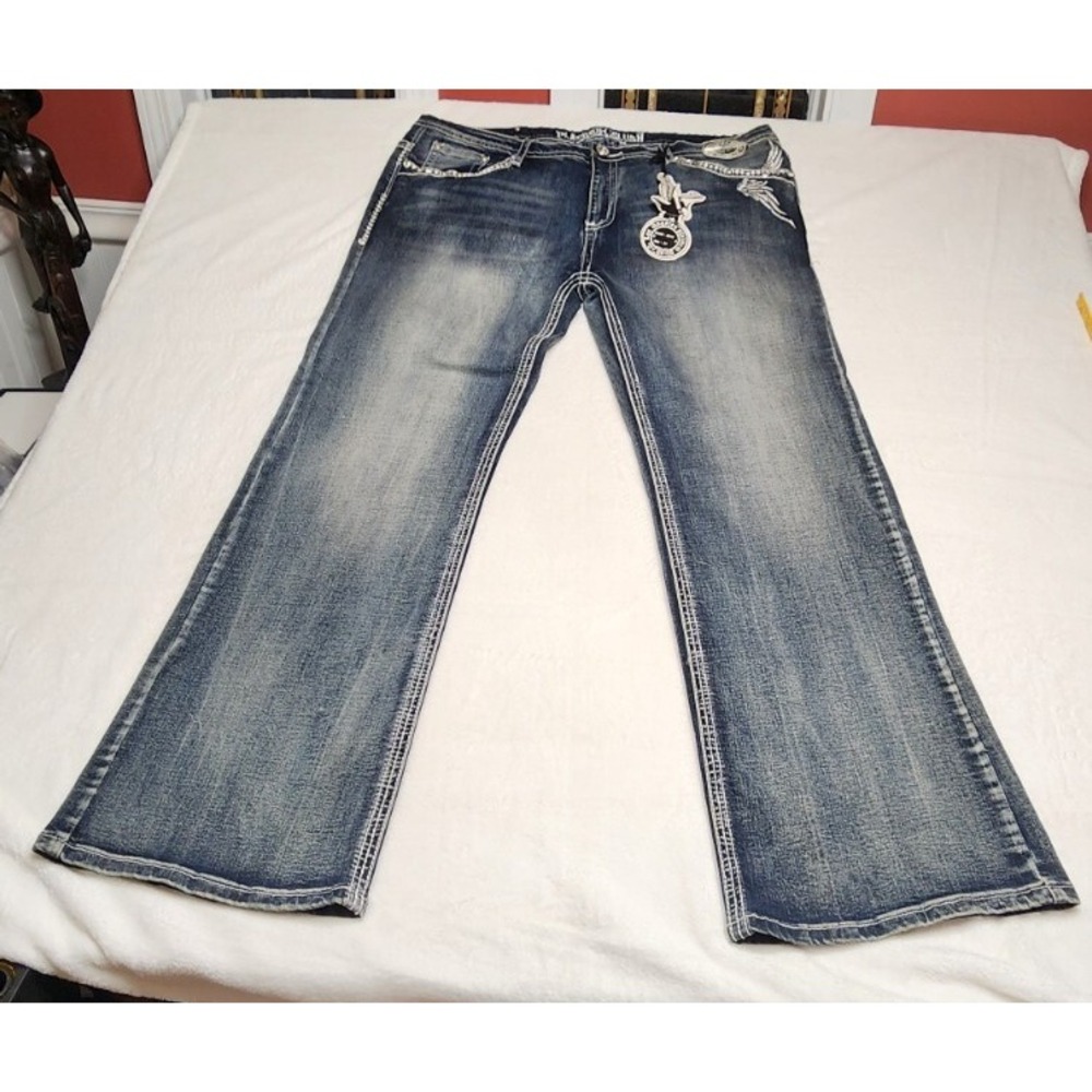 PLATINUM PLUSH RHINESTONE MOTORCYCLE DENIM FLARED‎ JEANS STYLE #4013